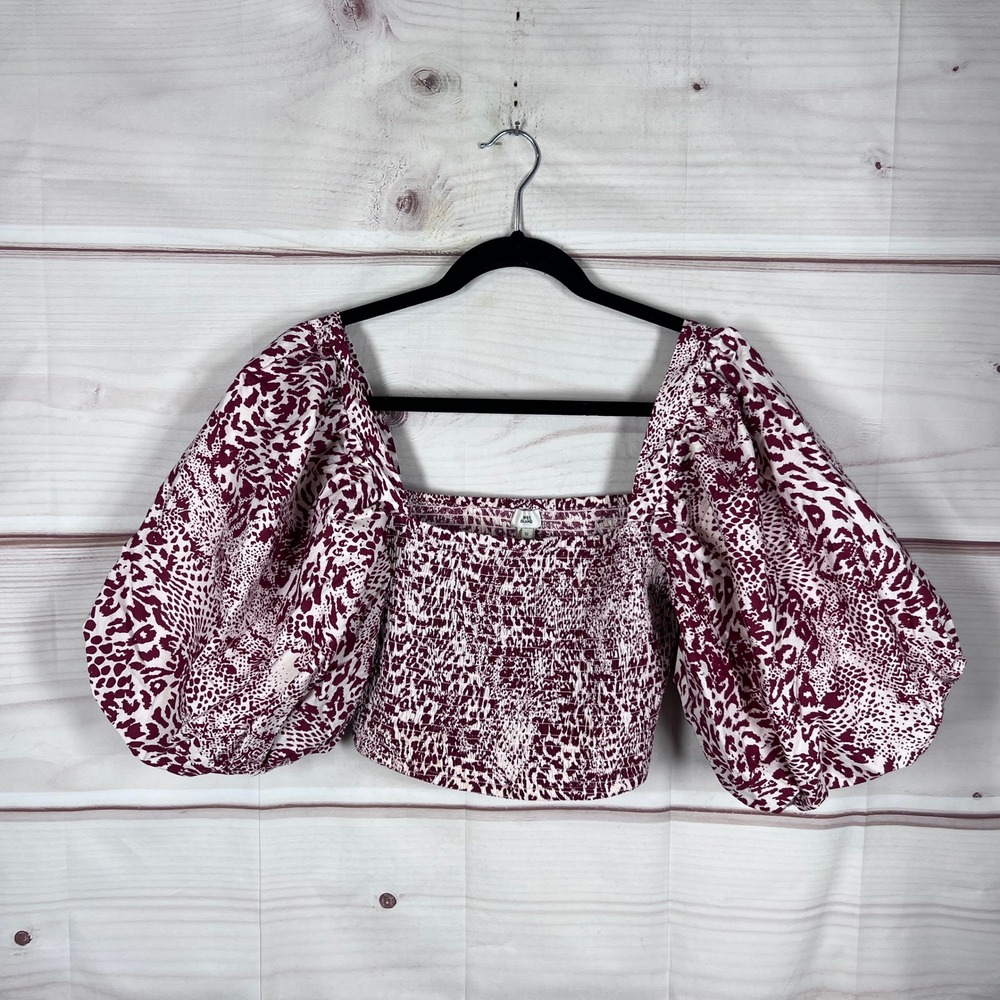 River Island Crop Top Womens 8 Burgundy Animal Print Puff Sleeve Smocked Cotton